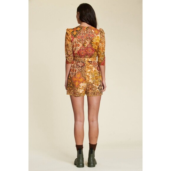 Anthro DRA Rey Romper in Sunset Origami Orange Yellow Sz XS - Picture 9 of 16